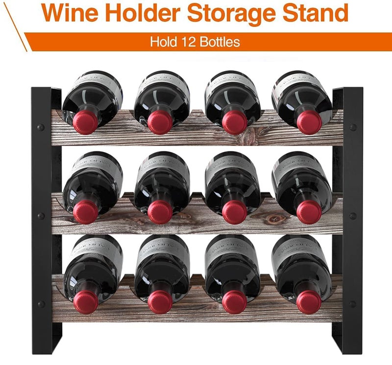 J JACKCUBE DESIGN JACKCUBE Design Wine Rack Freestanding Floor 3 Tier Stackable 12 Wine Bottle Holder Storage Racks Countertop, Liquor Shelf Stand (Rustic Wood and Black Metal Frame)- MK521A - Image 4